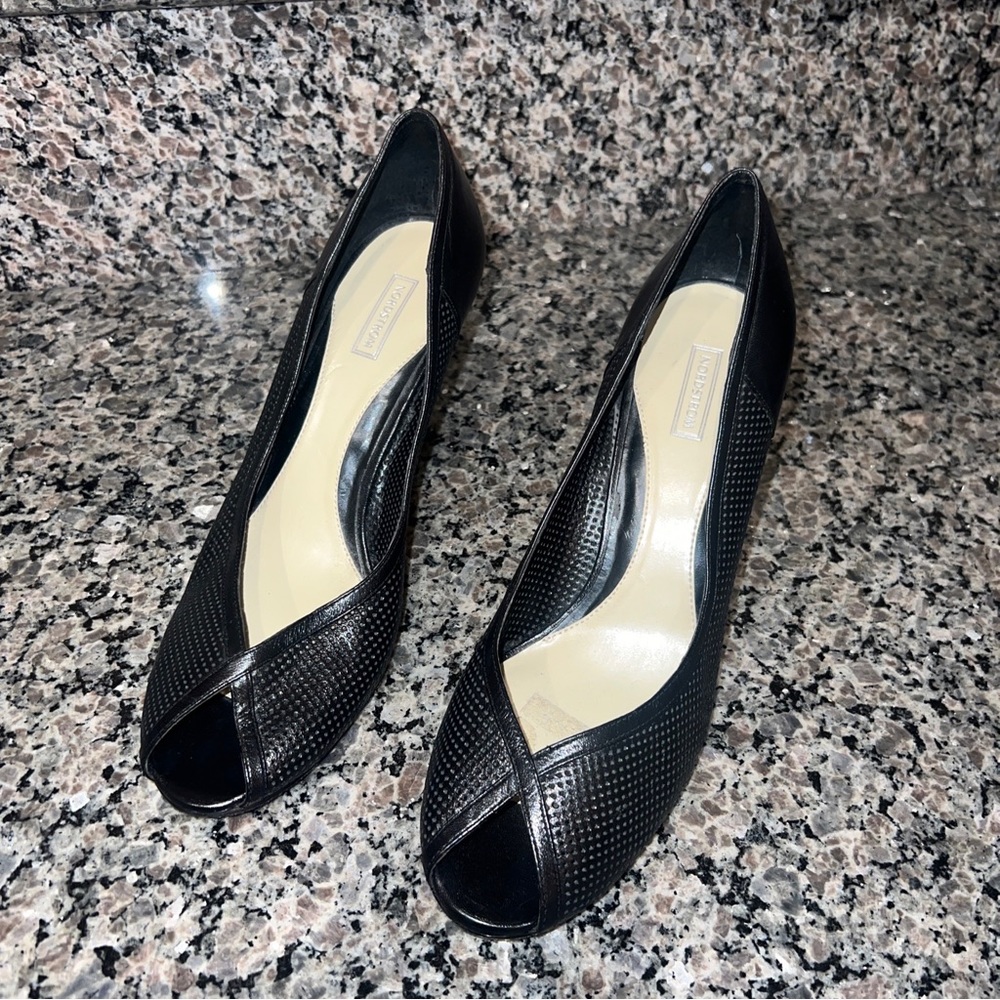 Norstrom Black Leather Peep Toe Heels